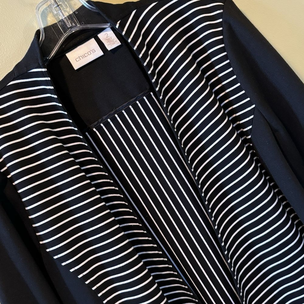 Chicos Womens 2 Large Black White Striped Top Open Front Cardigan Casual 12 - Picture 4 of 14